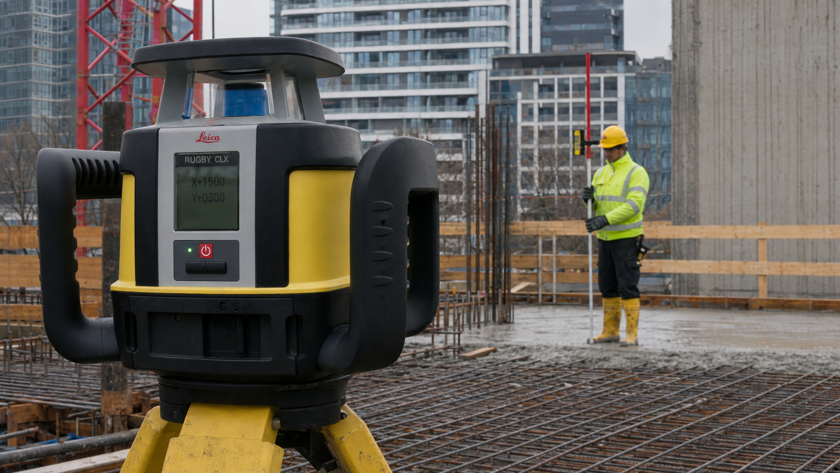 Niwelator laserowy Leica Rugby CLX i pracownik wykonujący pomiar detektorem na łacie